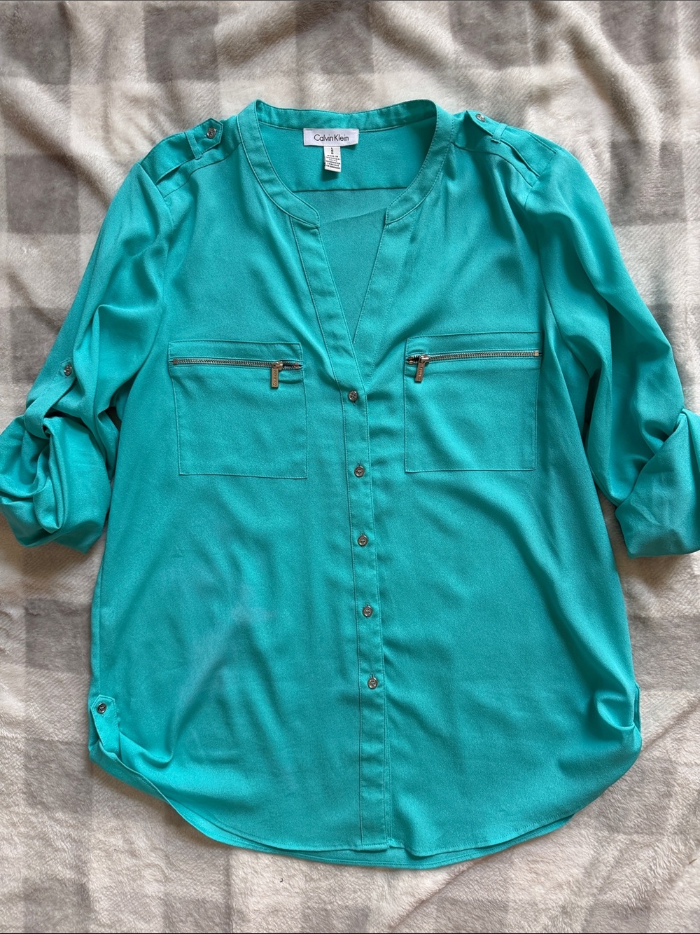 Calvin Klein Women's Teal Button-Down Shirt with Zip Pockets